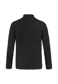Camicia nera a maniche lunghe con colletto alla coreana vista da dietro su sfondo bianco.