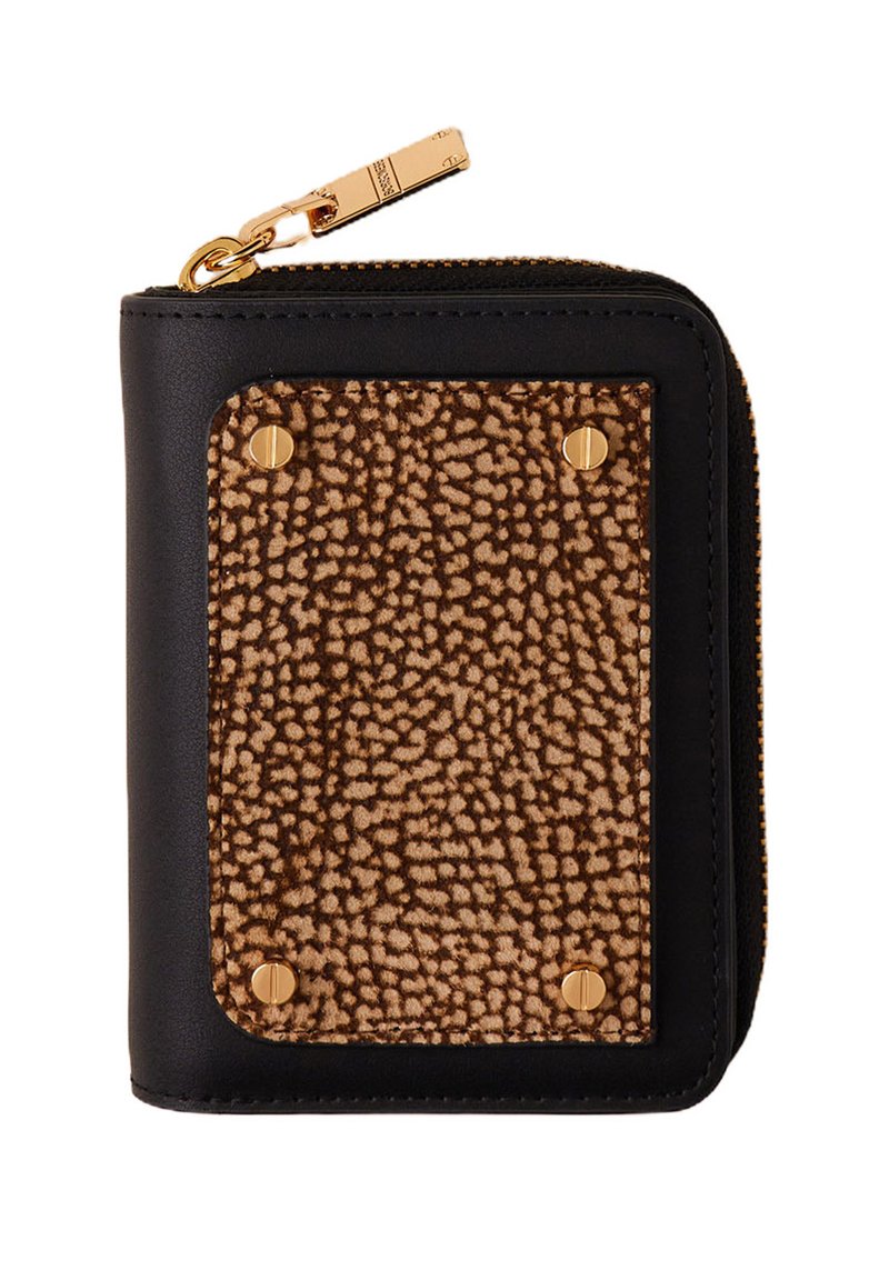 Portefeuille compact en cuir noir avec un panneau avant texturé marron fixé par quatre vis dorées et une tirette en doré.
