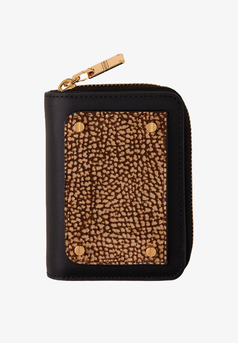 Kompakte schwarze Leder Brieftasche mit einem braunen strukturierten Frontpanel, das durch vier goldene Schrauben und einen goldenen Reißverschluss-Zipper gesichert ist.