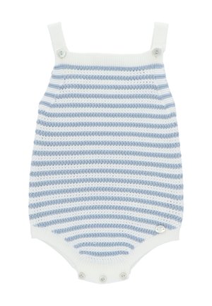 Pelele de bebé de lana a rayas azules y blancas con tirantes y botones a presión en la entrepierna y los laterales delanteros.