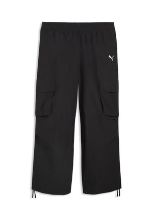 Pantalon cargo noir à jambes larges avec taille élastique, poches latérales à rabat, ourlets à cordon de serrage et petit logo blanc Puma sur le devant à droite.