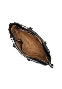Borsa a tracolla nera in pelle con hardware e zip dorate. Interno foderato in tessuto marrone chiaro con ripetizione del logo. Ampio scomparto principale.