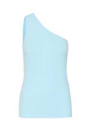 Svjetloplavi, rebrasti, bezrukavni top s asimetričnom izrezom; uskog kroja i glatke teksture, pogodan za slojevito nošenje.