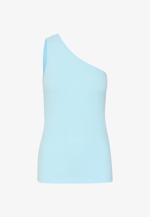 Svjetloplavi, rebrasti, bezrukavni top s asimetričnom izrezom; uskog kroja i glatke teksture, pogodan za slojevito nošenje.