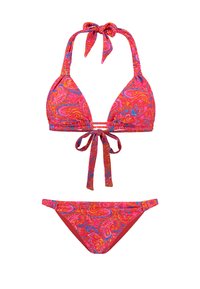 Rosa Bikini mit Paisleymuster. Das Oberteil hat dreieckige Cups mit Bindebändern; das Unterteil hat einen einfachen Schnitt und ein passendes Muster.