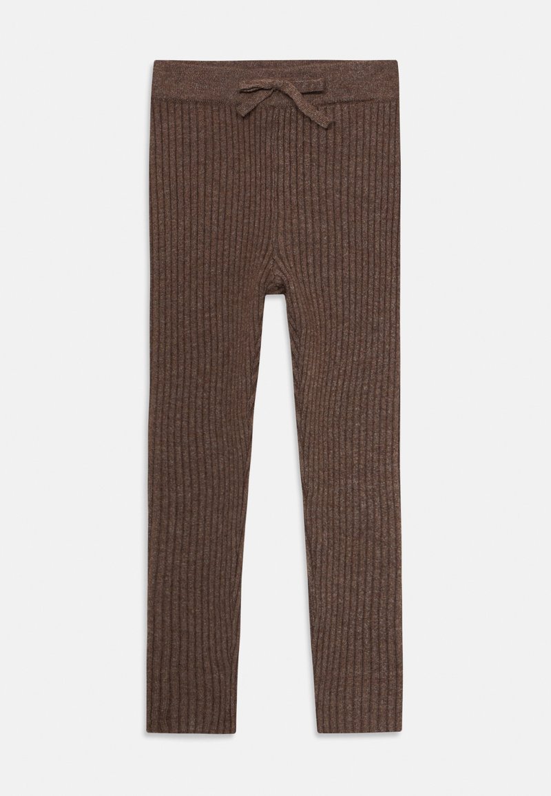 Καφέ ριχτές κολάν από μαλακό υλικό, με κορδόνι στη μέση και εφαρμοστή γραμμή κατά μήκος των ποδιών.