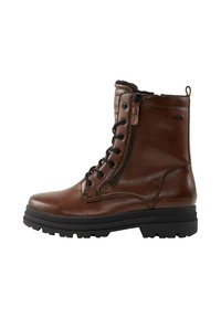 Bottines en cuir brun avec une surface texturée, dotées d'un laçage frontal, d'une fermeture éclair latérale et d'une semelle en caoutchouc noir robuste.