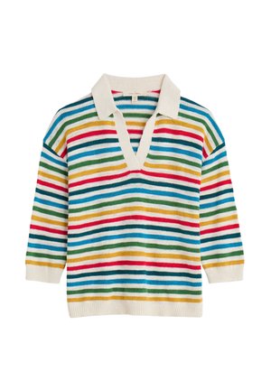 Striped pullover sweater with a V-neck and collar. Features horizontal stripes in teal, red, green, yellow, and cream. Soft texture.