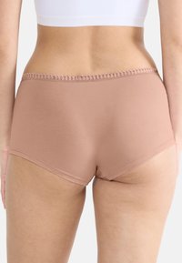 Brune hipster undertøj med en glat tekstur, der har en dekorativ blondekant ved taljebåndet og en klassisk elastisk pasform.