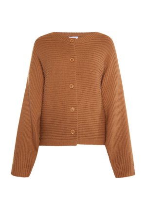 Cardigan a coste marrone con colletto rotondo, dotato di cinque grandi bottoni in legno sul davanti e maniche ampie. Tessuto morbido e vestibilità corta.