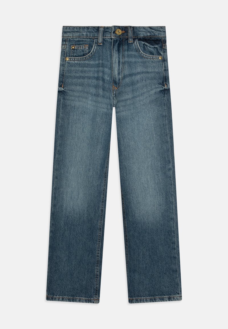 Jeans de mezclilla azul, corte de pierna ancha, con cinco bolsillos, cierre de botón en la parte superior y un ligero desgastado para un look casual.