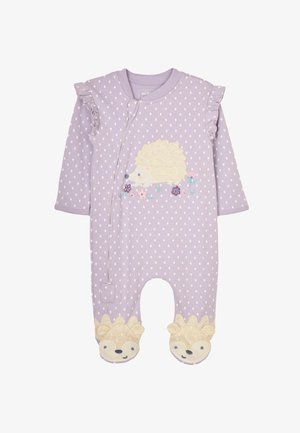 Fliederfarbiger Babyschlafanzug mit weißen Polka-Punkten, gerafften Schultern, Igel-Stickerei auf der Brust und angenähten Hausschuhen mit Igelgesicht.