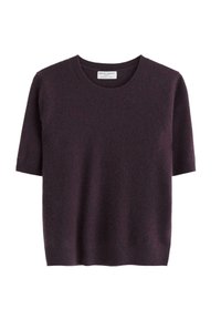 Krátký rukáv svetr ve tmavě fialové barvě, vyrobený z měkké tkaniny. Má kulatý výstřih a volný střih. Minimalistický design bez vzorů.