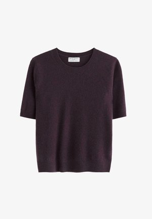 Maglione a maniche corte di colore viola scuro, realizzato in un tessuto morbido. Presenta un collo rotondo e una vestibilità comoda. Design minimalista senza motivi.