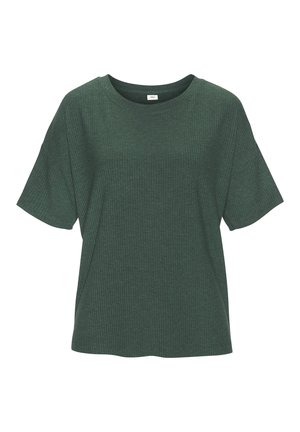 Tumši zaļa īsroku ribveida trikotāžas T-krekls ar apaļu apkakli, brīva piegriezuma un nedaudz nolaižamām pleciem.