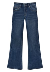 Vaqueros acampanados de color azul oscuro, hechos de denim, con cierre de botón, cinco bolsillos y detalles de desvanecimiento sutil en la tela.