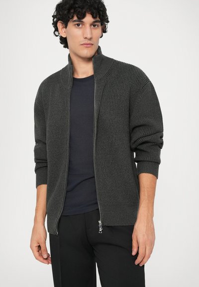 Băiat tânăr îmbrăcat cu un pulover în dungi gri închis cu fermoar, peste un tricou negru și pantaloni negri, stând în fața unui fundal deschis simplu.