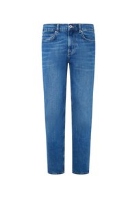 Blå denimjeans med rak benmodell, fem fickor och skärphällor. Har subtila blekningsdetaljer och en klassisk knapp- och dragkedjestängning.