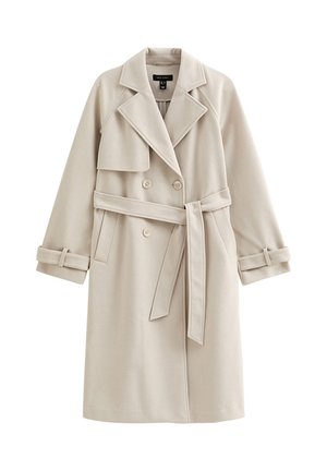 Beige trenchcoat met lange mouwen, dubbele knoopsluiting aan de voorkant, brede revers en een ceintuur in de taille. Gladde stof zonder zichtbare patronen.