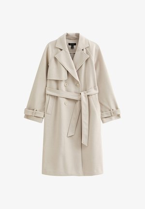Beige trenchcoat met lange mouwen, dubbele knoopsluiting aan de voorkant, brede revers en een ceintuur in de taille. Gladde stof zonder zichtbare patronen.