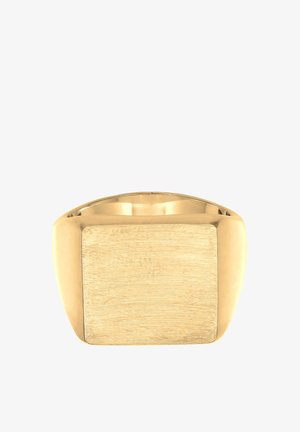 Bague en ton or avec un visage plat et rectangulaire, texture brossée, bords arrondis et un anneau intérieur lisse pour le confort.