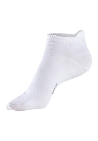 White low-cut sock made from a textured knit material, featuring a reinforced toe and a ribbed cuff for snug fitting. Size printed on the side.