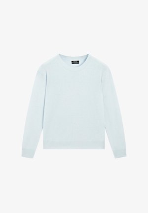 Light blue knit sweater with a crew neckline, long sleeves, and ribbed cuffs and hem. Soft texture with a smooth finish.