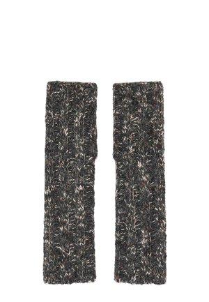 Pair of dark gray knitted fingerless gloves with a speckled pattern and a small round metal logo on one wrist.