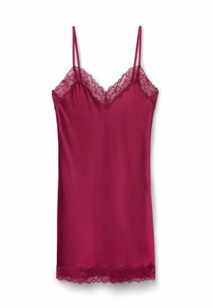 Bordeaux camisole met dunne verstelbare bandjes en kantafwerking langs de halslijn en zoom, met een gladde satijnachtige textuur.