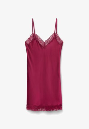 Burgunderfarbene Spaghetti-Top mit dünnen, verstellbaren Trägern und Spitzenbesatz entlang des Ausschnitts und Saums, mit einer glatten, satinähnlichen Textur.