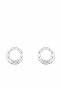 Silver cirkulära örhängen med en klar ädelsten i mitten och en slät, polerad yta med subtila böjda linjer.