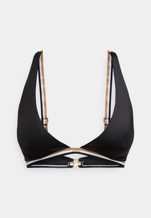 Black bikini top with a deep V-neck design, gold accents, and adjustable striped straps in white and gold. Central clasp closure detail.