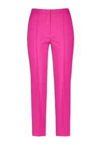 Pantaloni rosa aderenti con una trama liscia, dotati di due tasche frontali e dettagli di cuciture verticali lungo le gambe anteriori.