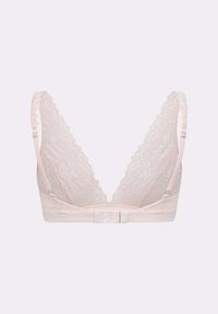 Lace bralette in light pink with a floral pattern, deep V-neck design, adjustable straps, and a hook-and-eye closure at the back.