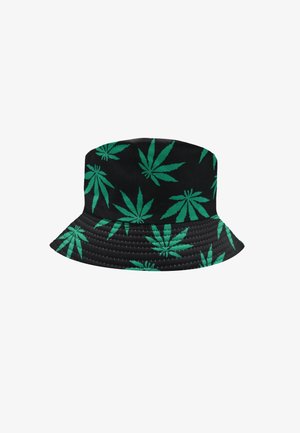 Schwarzer Bucket Hat mit grünem Marihuanablatt-Muster, aus einem Stoff mit strukturiertem Rand und texturierter Oberfläche.