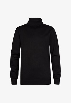 Pull noir à col roulé à manches longues avec poignets et ourlet côtelés, présenté sur fond blanc.
