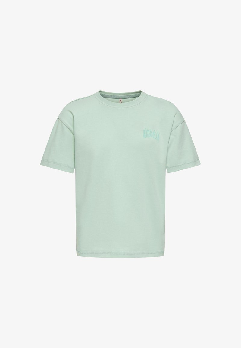 Mintgrøn kortærmet t-shirt lavet af blødt stof, med en rund halsudskæring og et lille, lyseblåt "WATERMELON" print på venstre bryst.