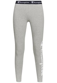 Szare legginsy wykonane z bawełnianej mieszanki, z czarnym elastycznym paskiem w talii z logo "Champion" oraz dużym białym nadrukiem na lewą nogawkę.