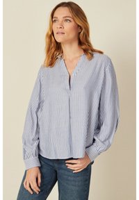 Camicia a maniche lunghe a righe blu e bianche con scollatura a V, vestibilità ampia e maniche a polsino, realizzata in tessuto traspirante. Indossata con jeans.