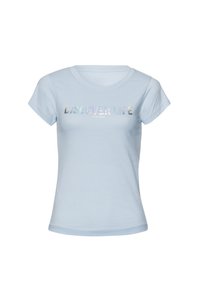 Jasnoniebieska bawełniana koszulka z okrągłym dekoltem i krótkimi rękawami, z błyszczącą, iryzującą grafiką "ODKRYJ ŻYCIE" z przodu.