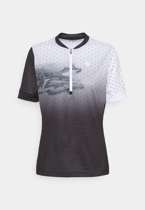 Kurzarm-Radsporttrikot mit einem Farbverlauf in Schwarz und Weiß, geometrischen Mustern, einem Halbzip-Verschluss und bergartigen Grafiken.