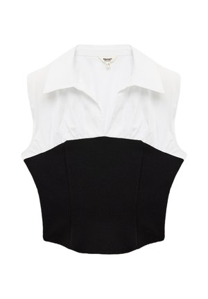 Mouwloze witte blouse met kraag en een aansluitende zwarte bustier-stijl overlay, op maat gemaakte taille en een V-halsopening aan de voorkant.
