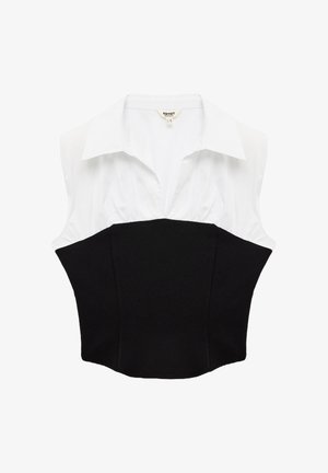 Ärmellose weiße Bluse mit Kragen und einer enganliegenden schwarzen Bustier-Oberlage, taillierter Taille und einem V-Ausschnitt vorne.