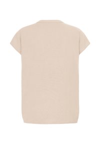 Blouse beige à manches courtes, coupe décontractée et col rond simple, vue de dos.