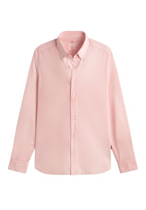 Light pink long-sleeve button-up shirt with a pointed collar, visible stitching, and small brand tag on the left side seam.