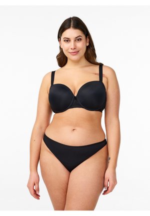 Black padded bra with underwire, smooth texture, adjustable straps, paired with matching black bikini brief. Simple, classic design.