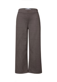 Pantalon court à jambes larges marron avec un motif à carreaux subtil et une ceinture ajustée, présenté sur fond blanc.