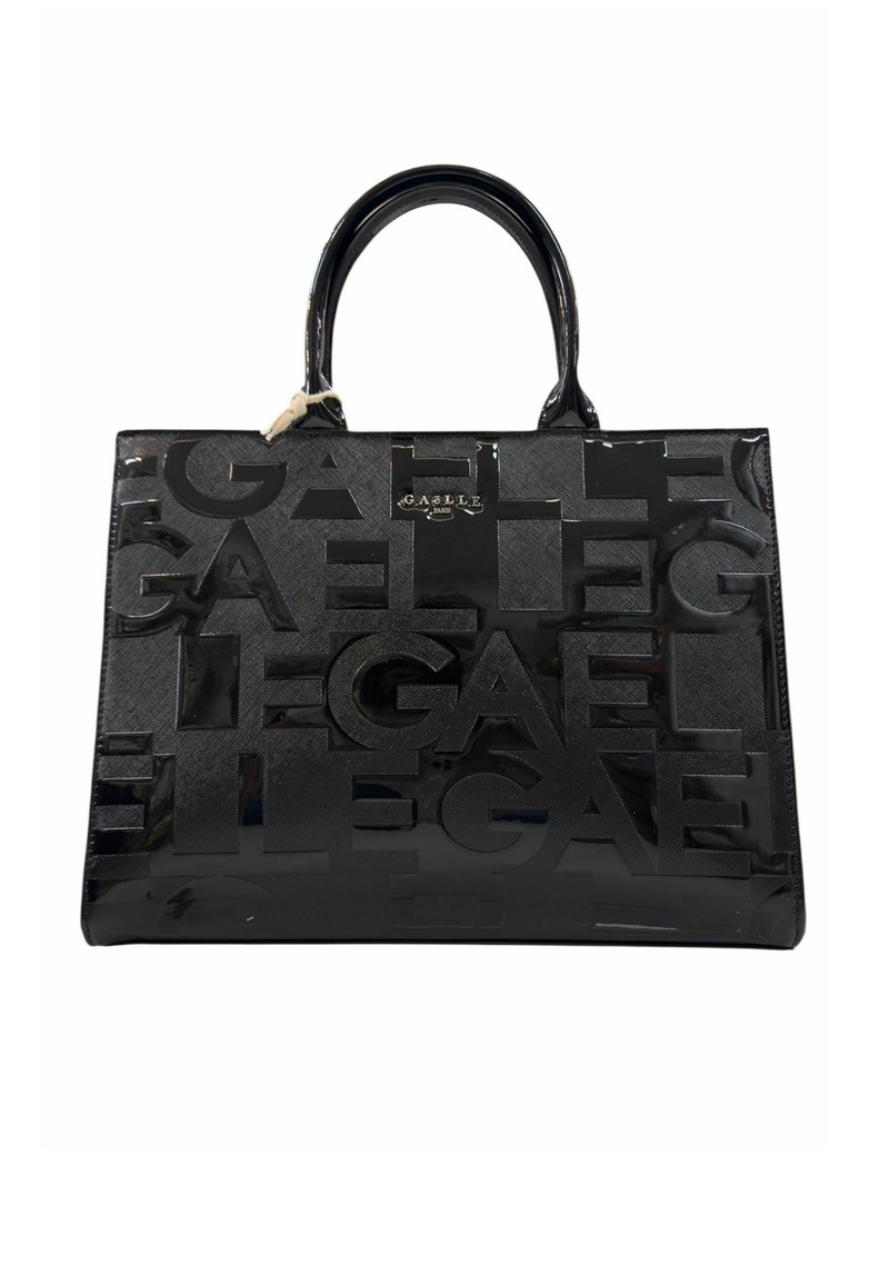 Borsa a tracolla in pelle nera lucida con grandi lettere impresse che scrivono "GAELLE" e piccolo placca dorata con logo sul davanti.