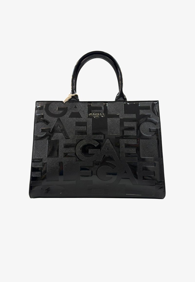 Borsa a tracolla in pelle nera lucida con grandi lettere impresse che scrivono "GAELLE" e piccolo placca dorata con logo sul davanti.