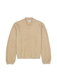 Beige gebreide cardigan met lange mouwen, ronde halslijn en een rits aan de voorkant. De stof is zacht met een fluffy textuur en geribde manchetten.